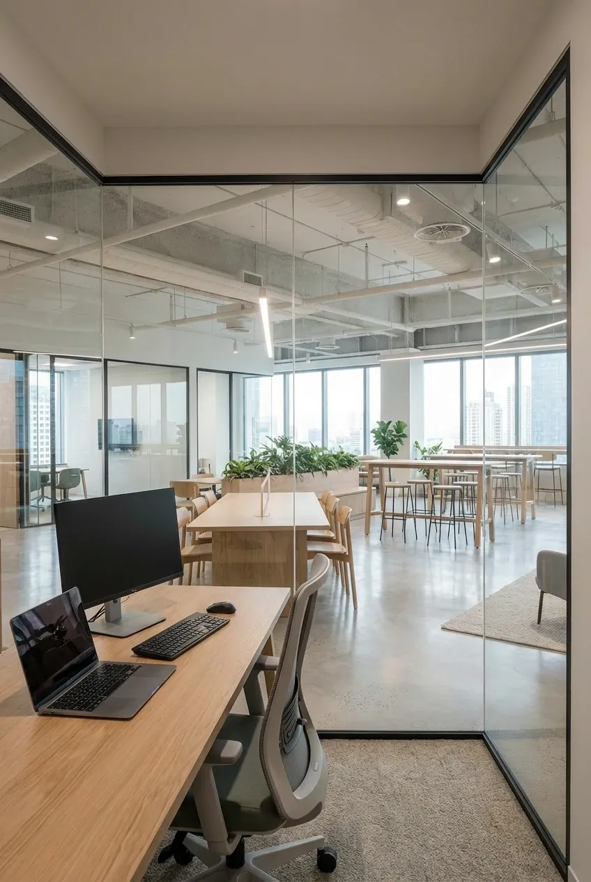 Synthetic office view from inside a glass-walled workspace