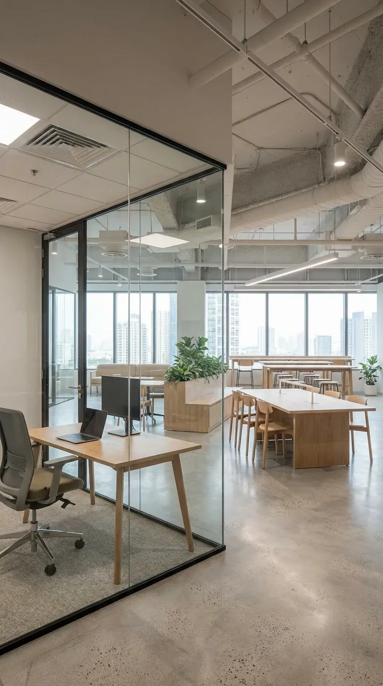Synthetic office view across a private workspace