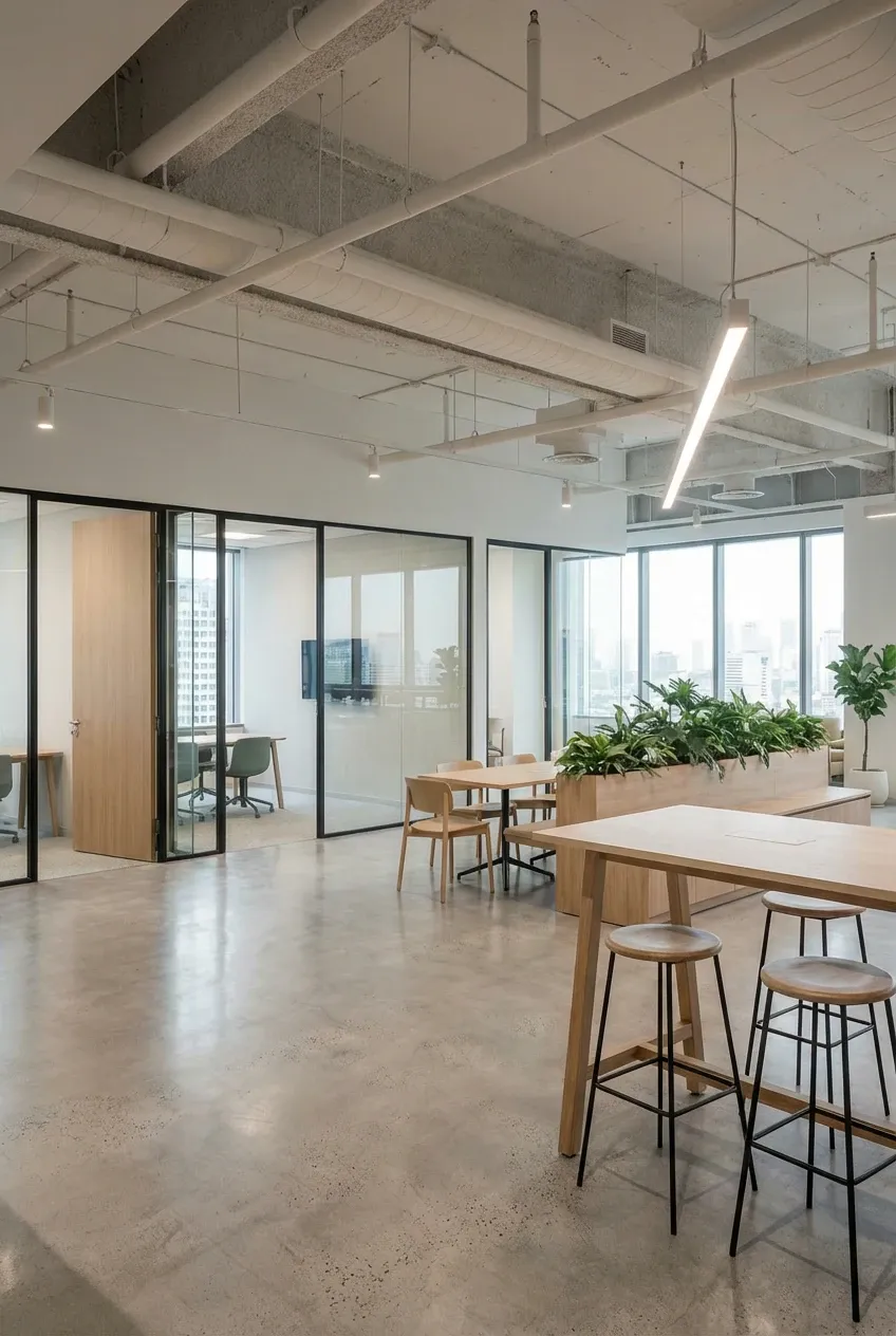 Synthetic office view facing the shared work area