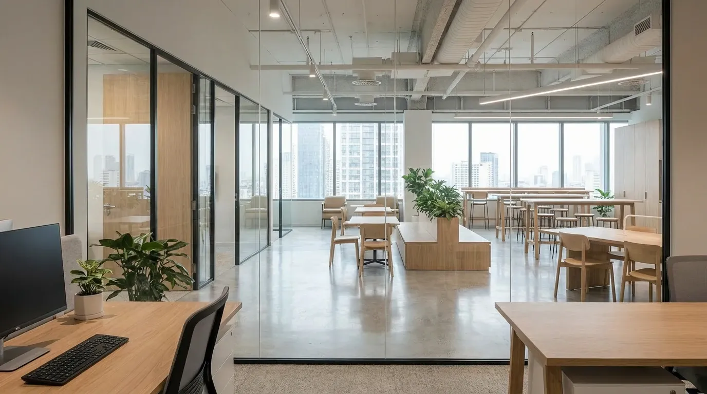 Wide synthetic office view through a glass partition