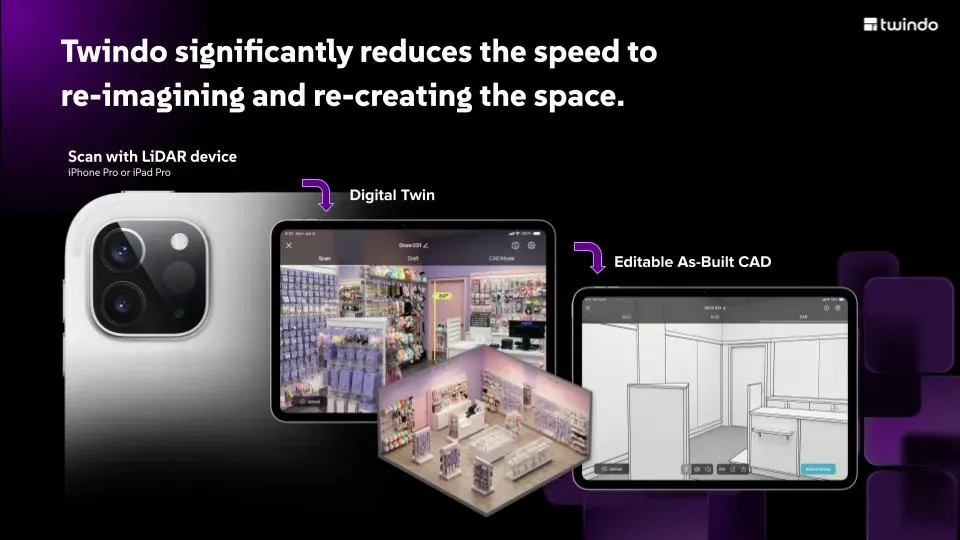 Twindo presentation slide showing the path from LiDAR scan to digital twin and editable CAD