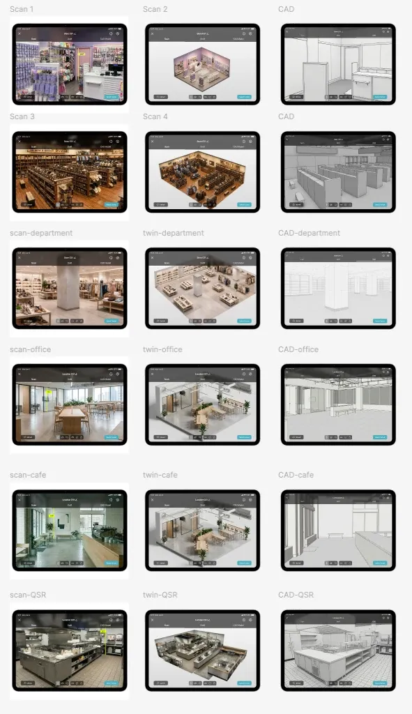 A collection of scan, digital twin, and CAD story screens for different commercial environments