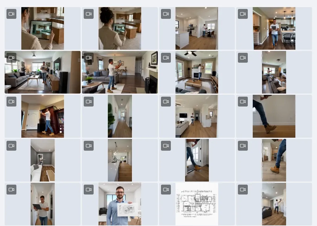 A contact sheet showing multiple AI video generations explored for the Twindo ad campaign