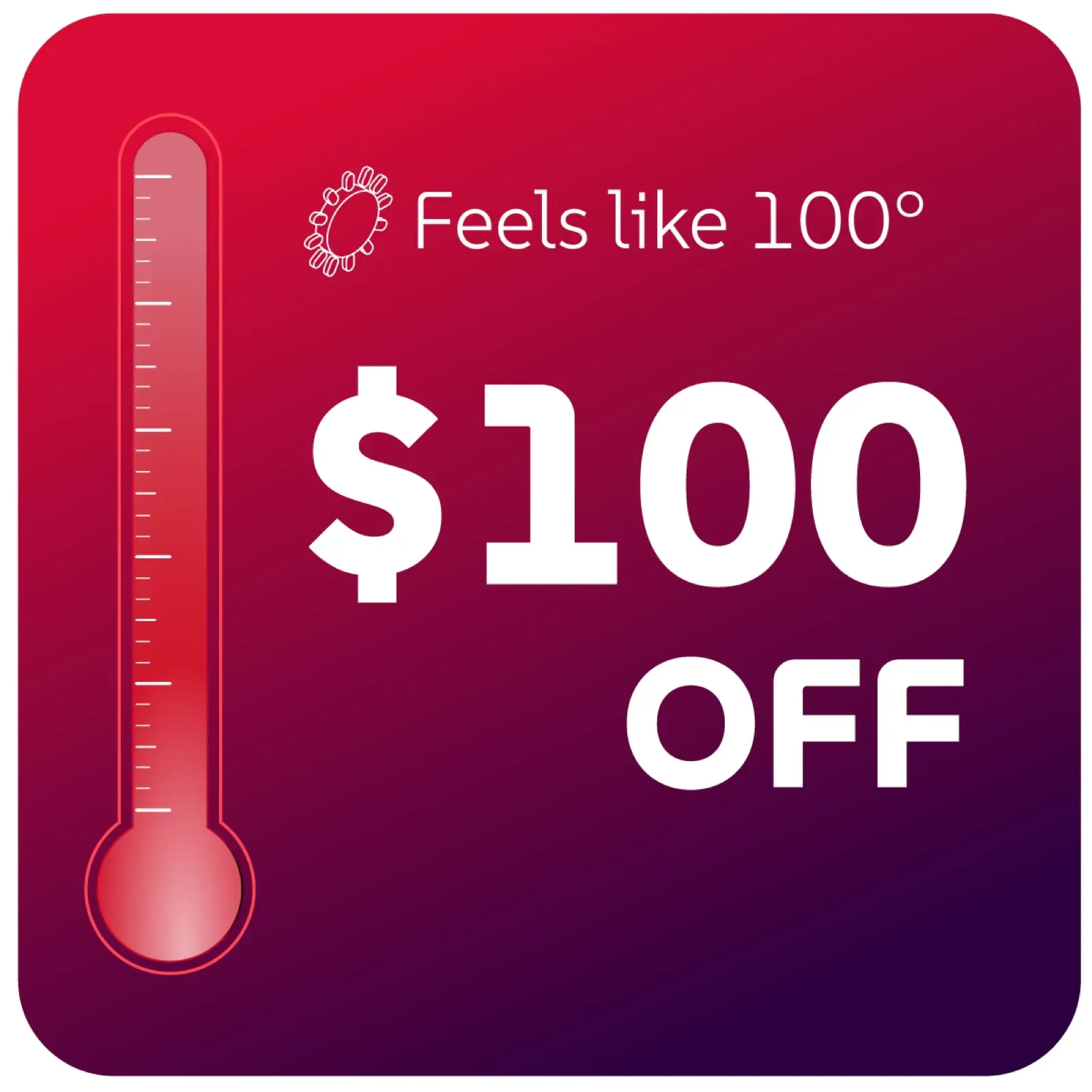 Purple and red promotional ad with a thermometer graphic
