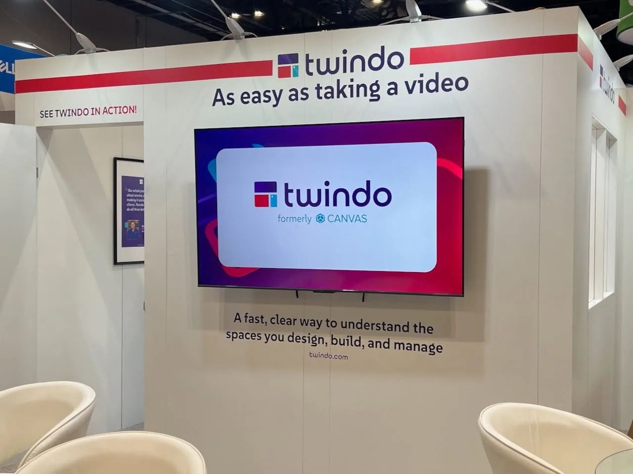 The Twindo rebrand film playing on the main screen at the IBS booth