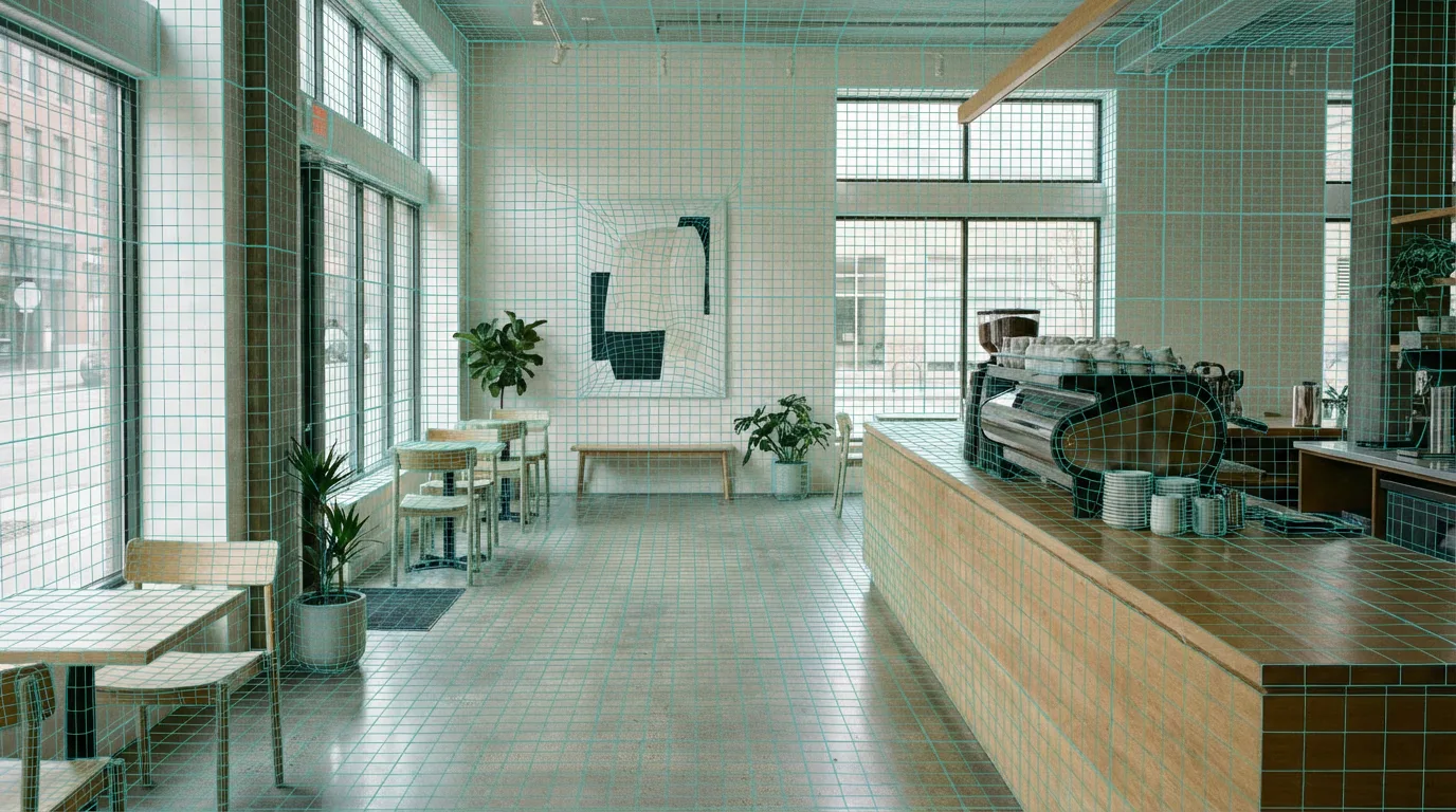 A captured coffee shop interior with a spatial scan mesh