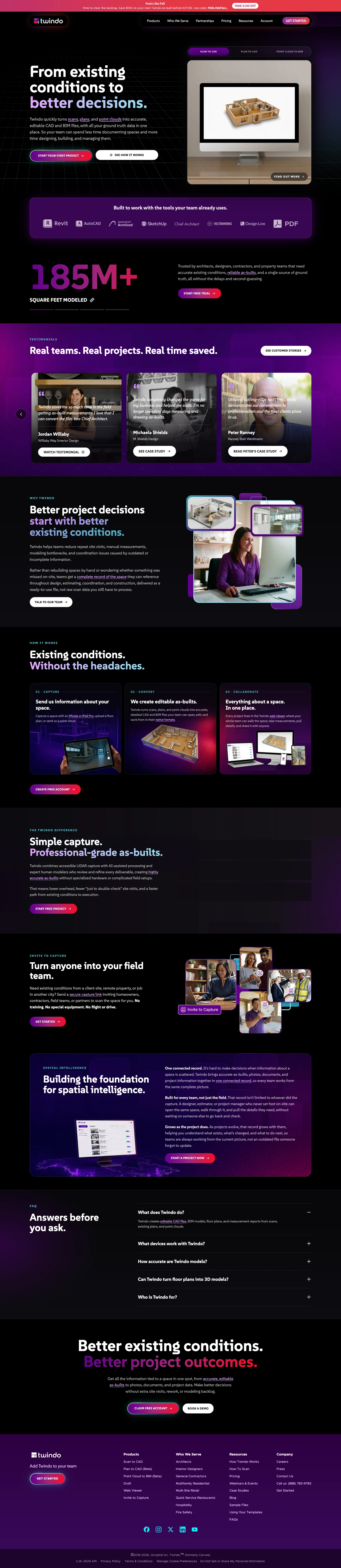 The redesigned Twindo homepage, shown from top to bottom