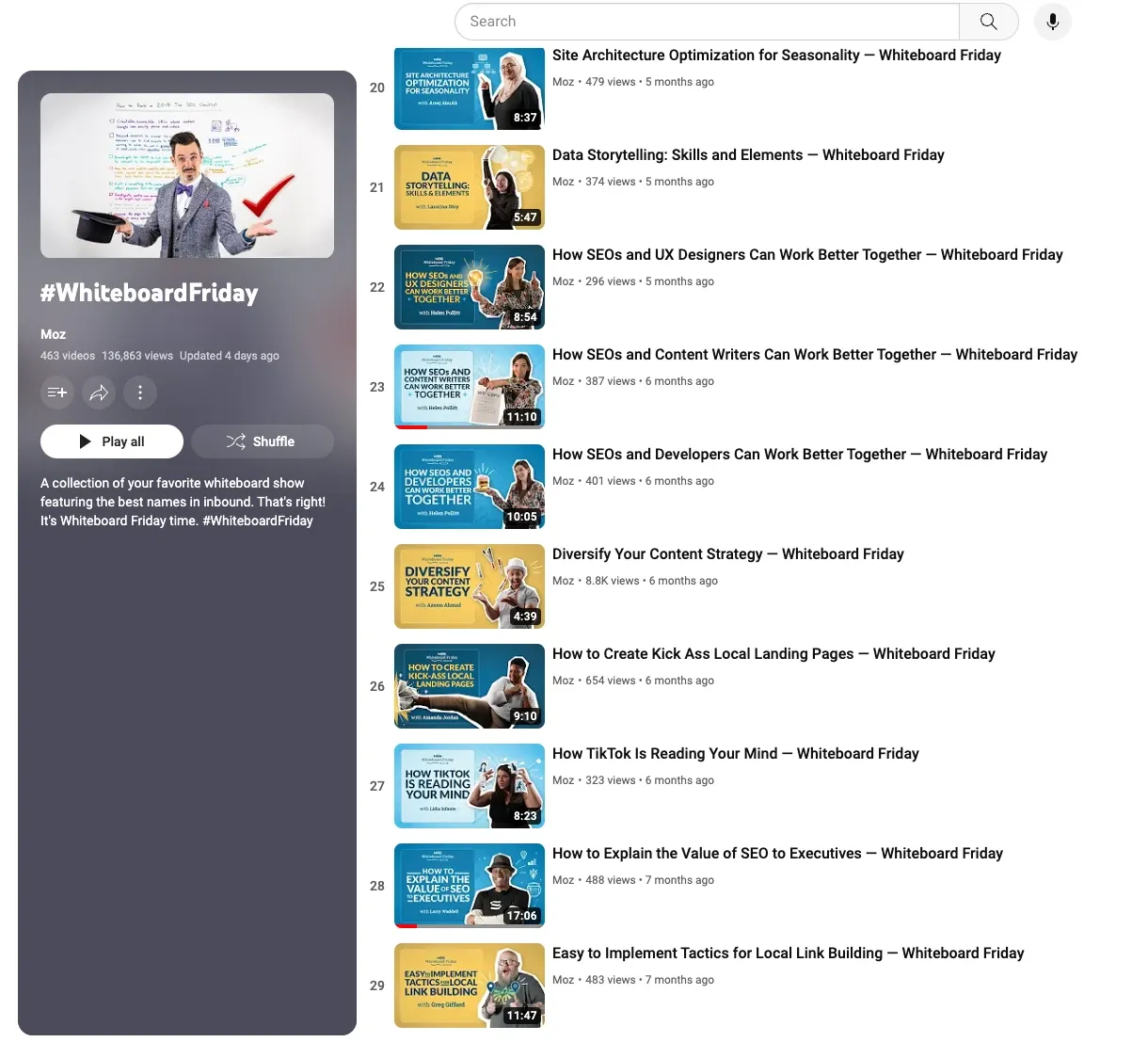 Whiteboard Friday YouTube playlist after the redesign
