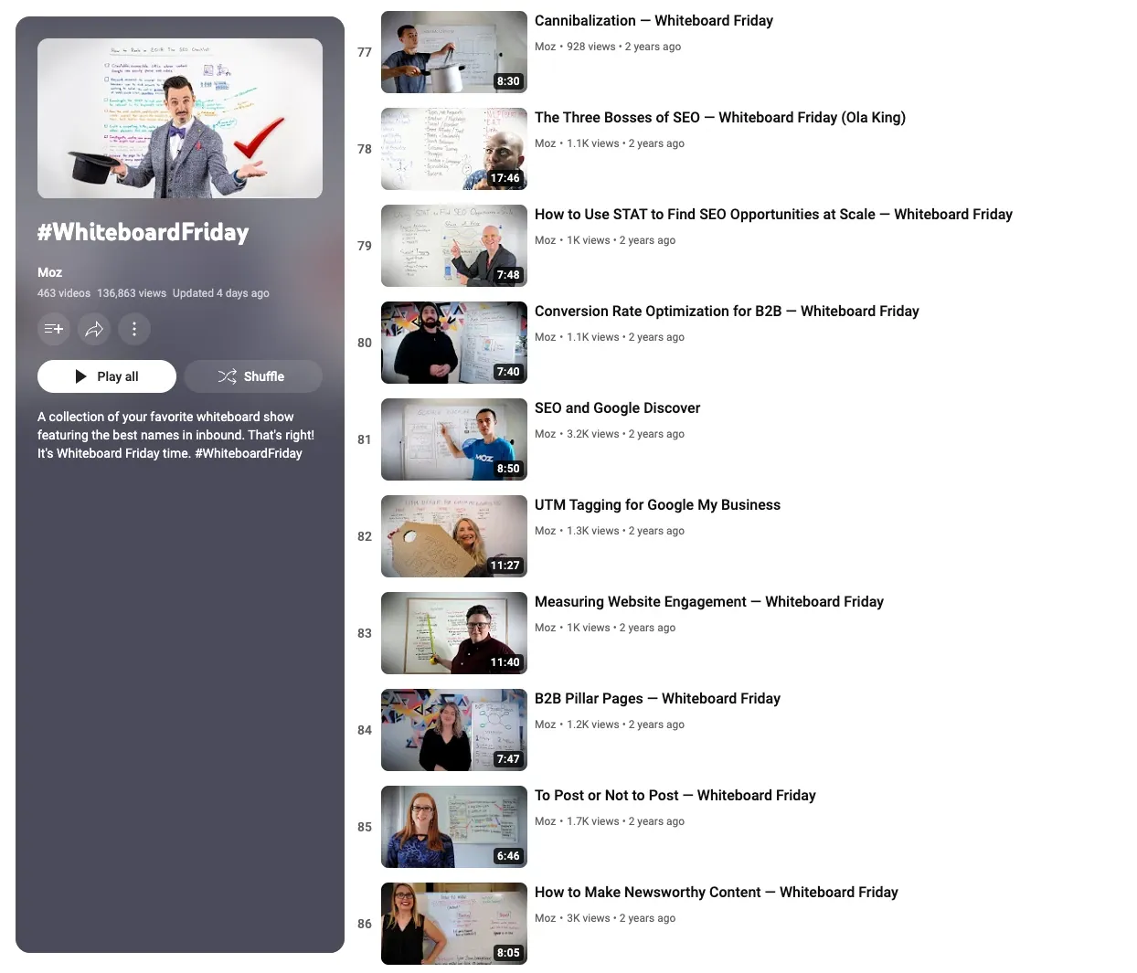 Whiteboard Friday YouTube playlist before the redesign